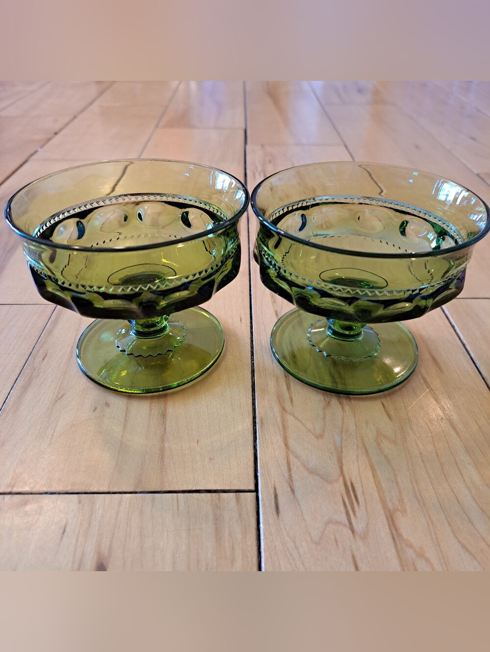 Set of 2 INDIANA GLASS KINGS Crown Olive Green Thumbprint Sherbet Dessert Dish